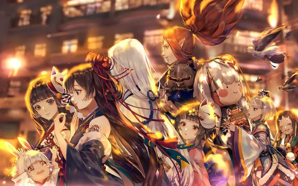 A vibrant HD desktop wallpaper featuring anime characters from Onmyoji, set against an urban backdrop with glowing lights, showcasing detailed character designs and a captivating atmosphere.