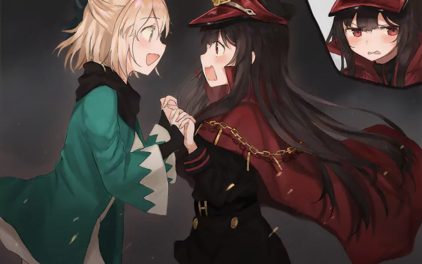 Fate/Grand Order HD desktop wallpaper: Sakura Saber and Oda Nobukatsu clasp hands and smile—Sakura in a green cloak, Oda in red-black military attire, with a small blushing close-up inset.