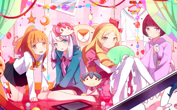 HD desktop wallpaper featuring characters Senju Muramasa, Megumi Jinno, Masamune Izumi, Sagiri Izumi, and Elf Yamada from the anime EroManga-Sensei. The vibrant scene shows them in a colorful room adorned with decorations.