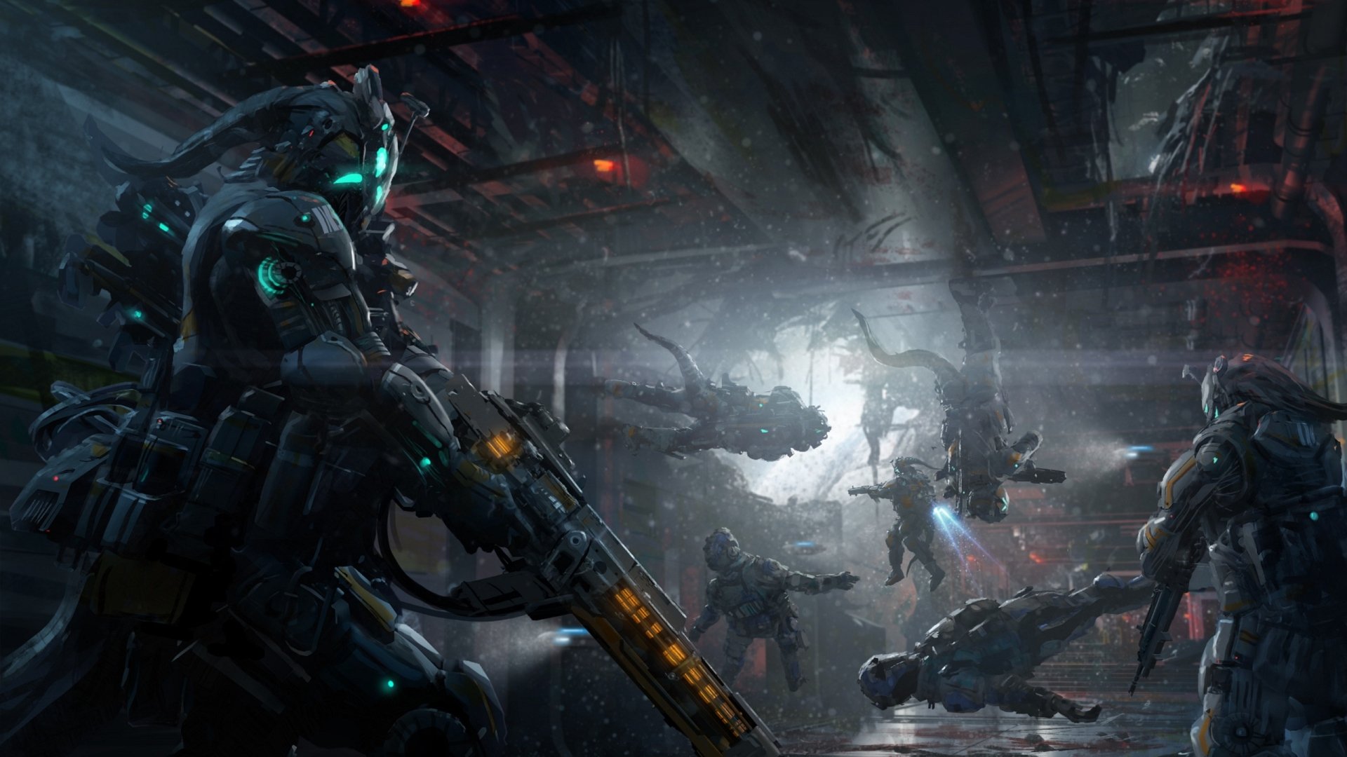 HD wallpaper depicts a sci-fi scene with armored cyborg warriors engaging in battle against alien creatures in a dark, futuristic setting.