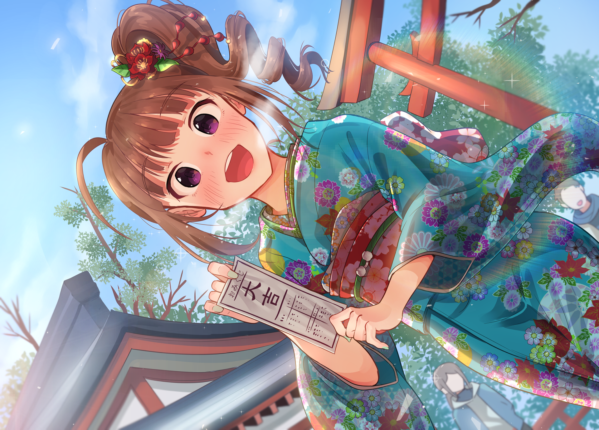 HD PC desktop wallpaper featuring Nao Yokoyama from THE iDOLM@STER: Million Live! in colorful anime style wearing a floral kimono outdoors under a blue sky.