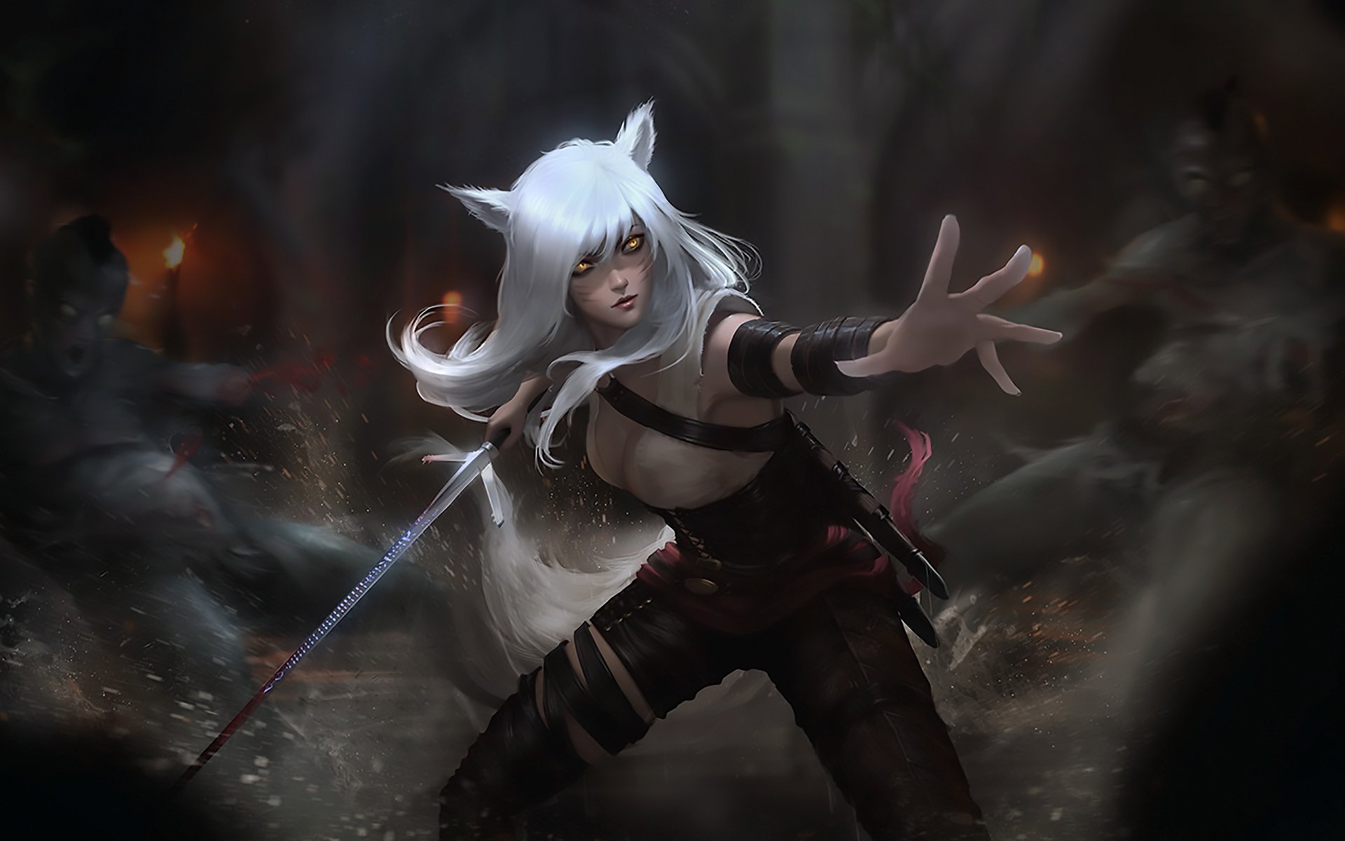 HD PC desktop wallpaper featuring Ahri from League of Legends in a dynamic battle pose, set in a dark, atmospheric environment.