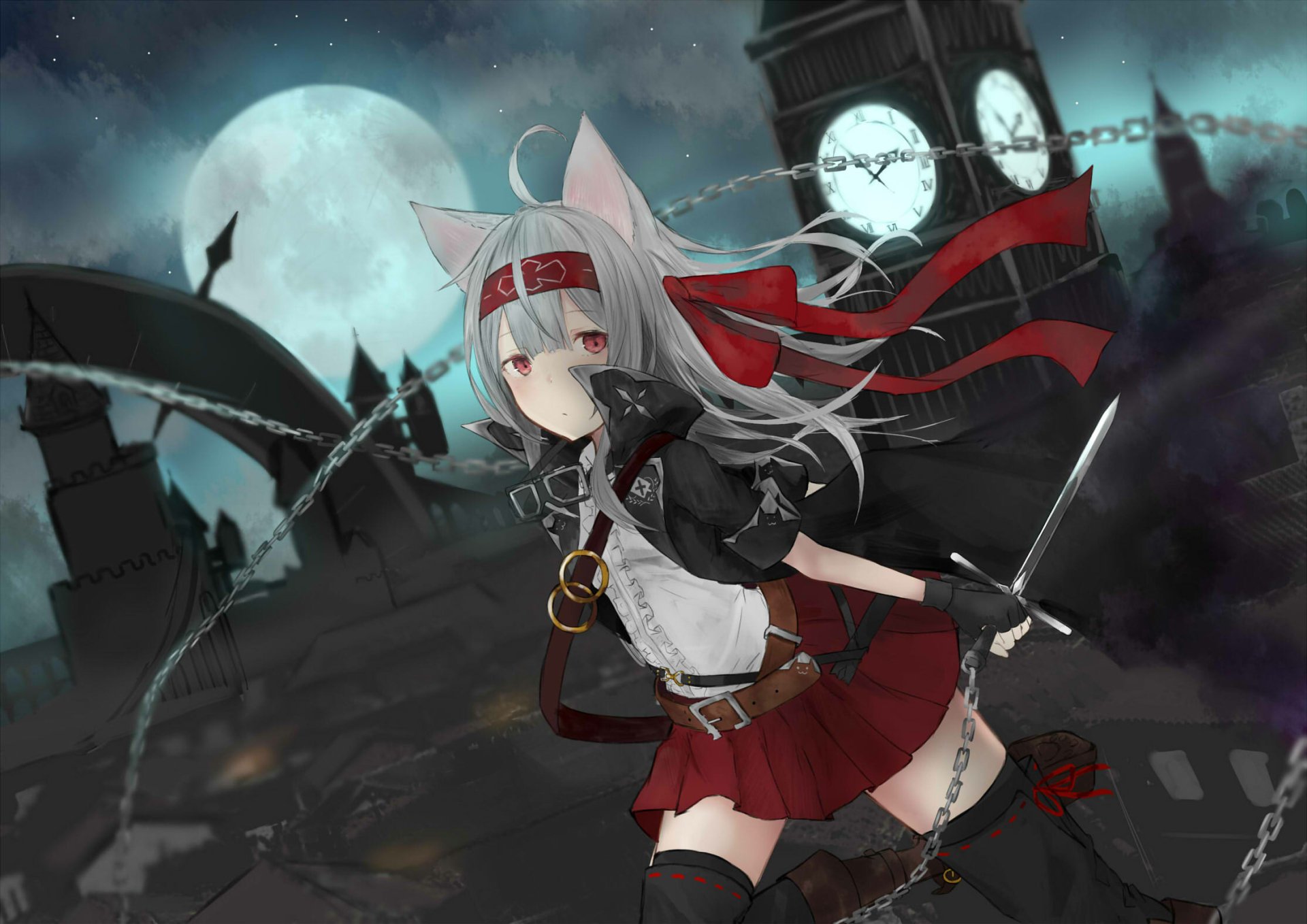 Anime original HD desktop wallpaper featuring a silver-haired character with cat ears, red ribbon, and sword against a dark, moonlit, chain-filled background.