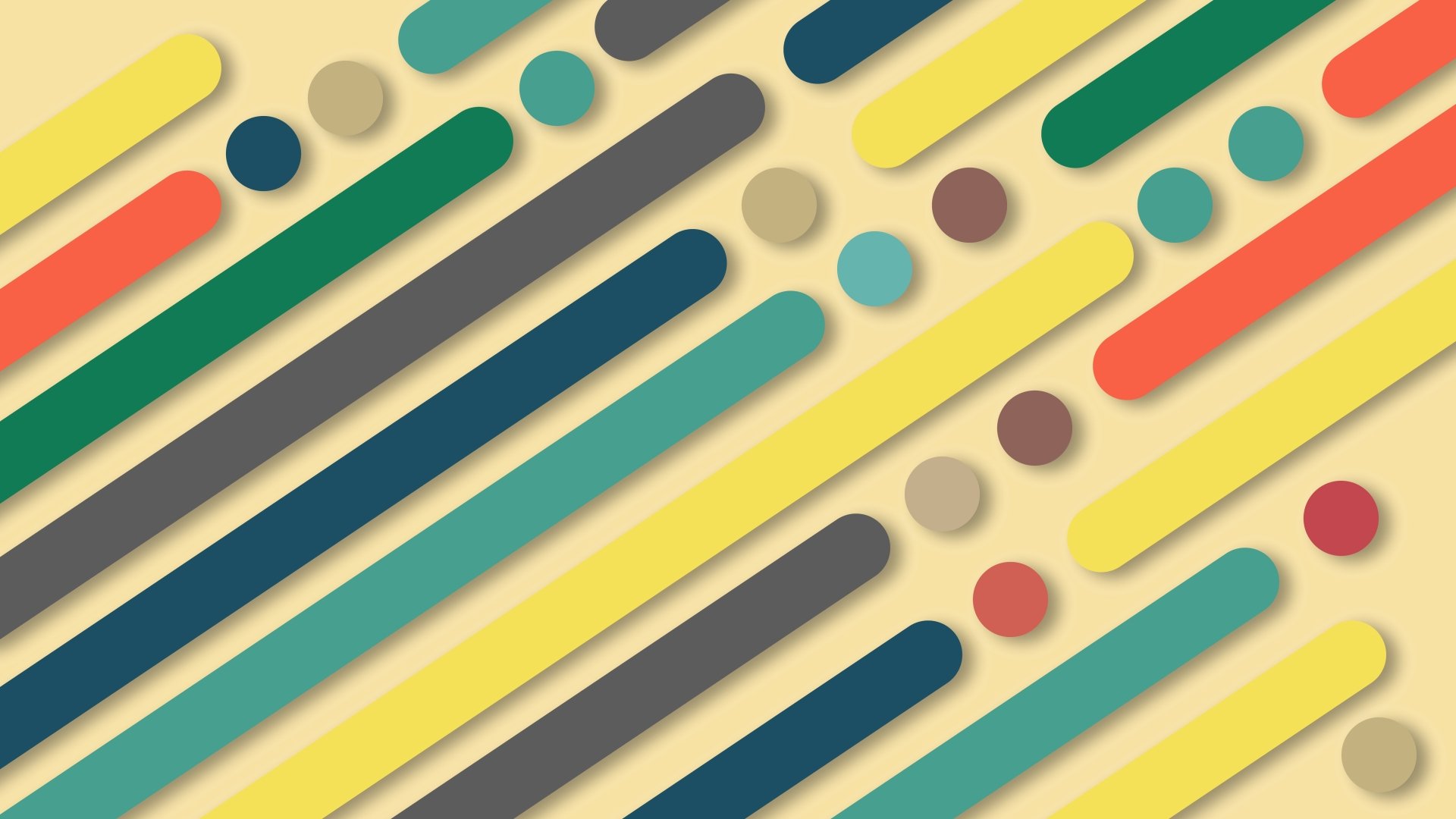 HD desktop wallpaper featuring a colorful abstract pattern with circles and diagonal lines of varying colors and shapes against a soft yellow background. The design incorporates geometric elements.