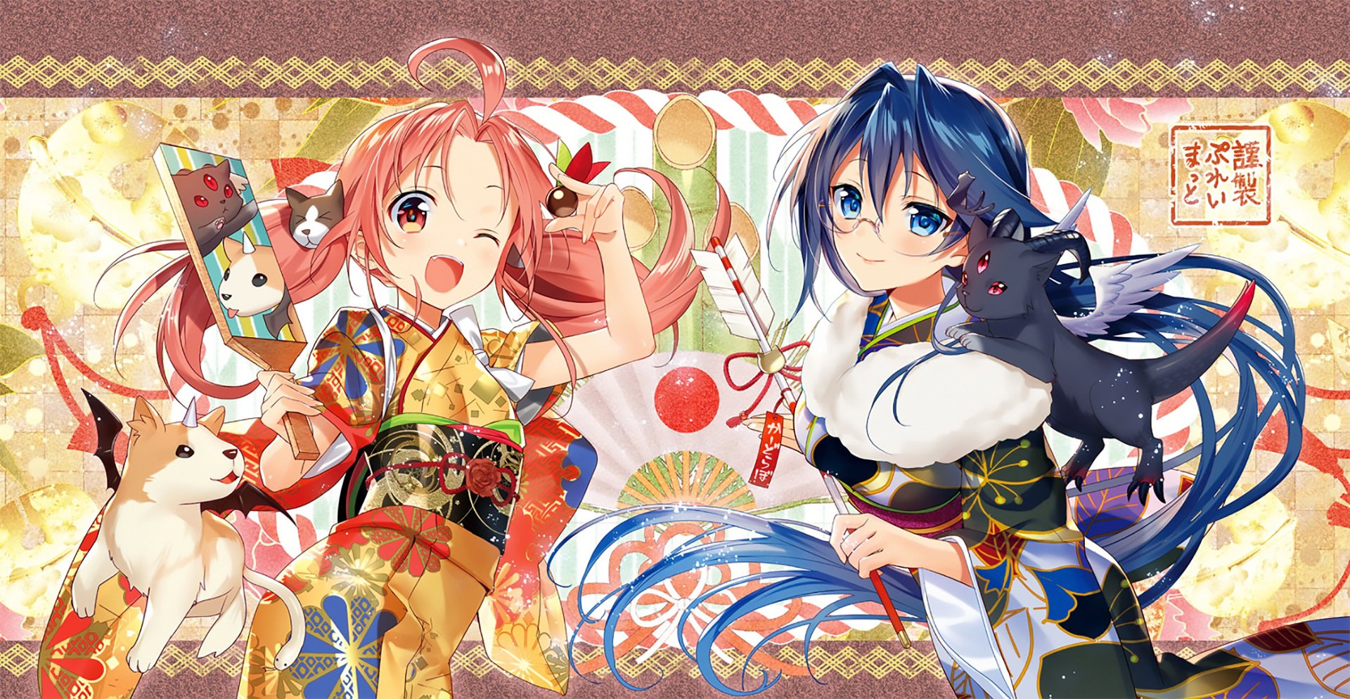 HD PC desktop wallpaper: anime original of two girls in colorful Japanese clothes — blue-haired glasses-wearer with a black cat and a pink-haired companion in kimono, festive New Year motifs.