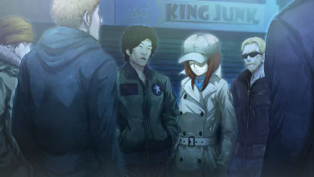 Suzuha Amane from Steins;Gate — anime HD PC desktop wallpaper: Suzuha in a cap and trench coat stands with several figures outside a dim KING JUNK storefront.