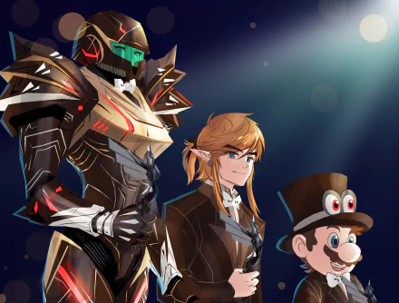 HD desktop wallpaper featuring characters from Super Mario Odyssey, The Legend of Zelda: Breath of the Wild, and Metroid: Samus Returns: Samus Aran, Link, and Mario with Cappy in a crossover setting.