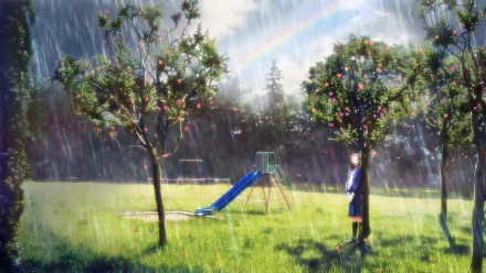 HD PC desktop wallpaper, original Rain Anime scene: a rain-soaked park with trees, a blue slide, and a lone figure with umbrella beneath a rainbow.