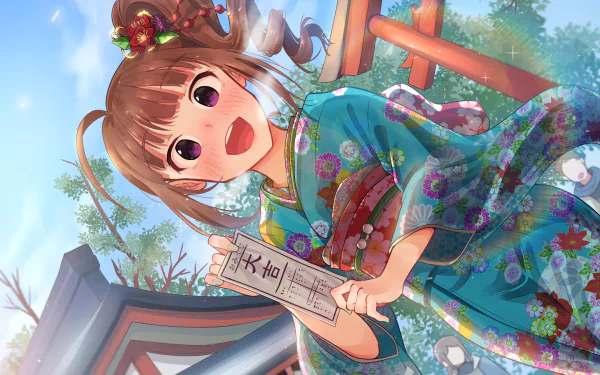 HD PC desktop wallpaper featuring Nao Yokoyama from THE iDOLM@STER: Million Live! in colorful anime style wearing a floral kimono outdoors under a blue sky.