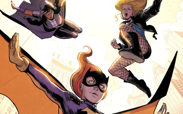 HD desktop wallpaper of the Birds of Prey comic featuring three characters in action, soaring through the sky against a backdrop of city buildings.