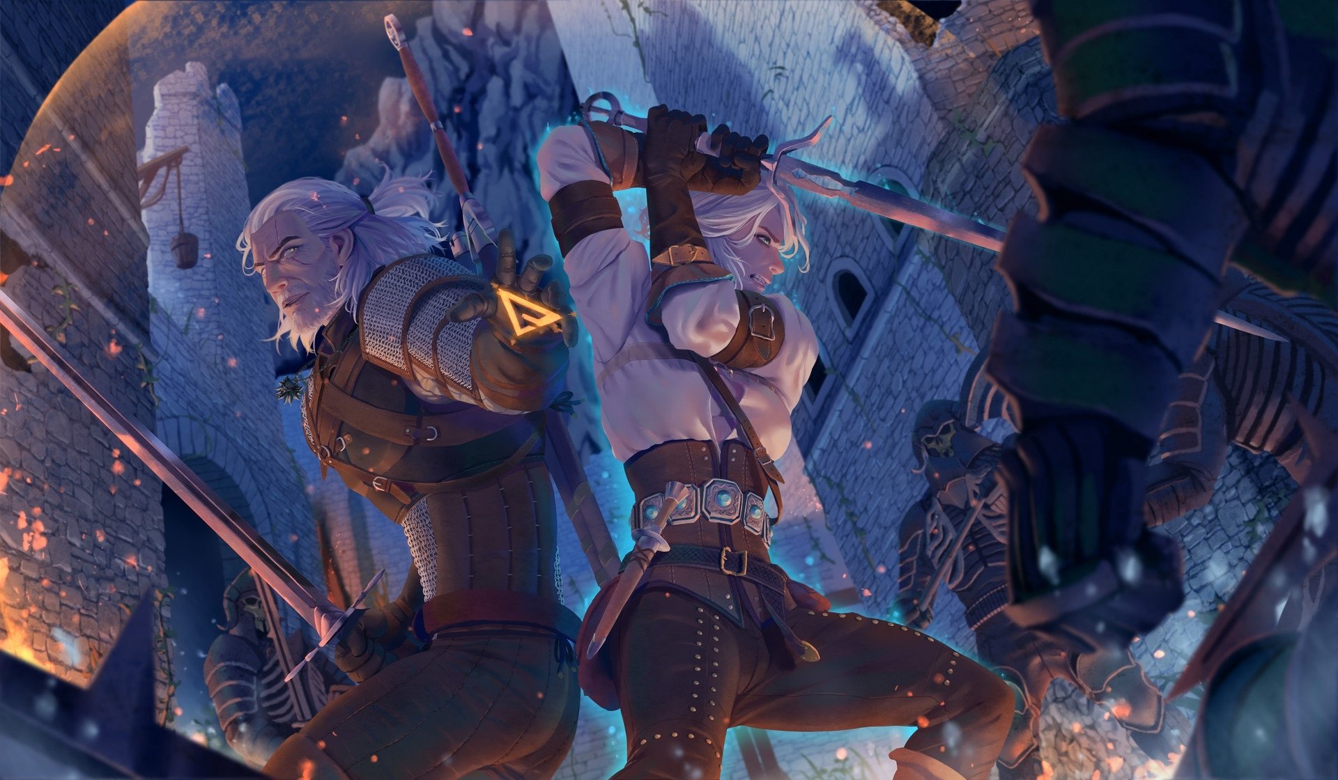 HD wallpaper featuring Ciri and Geralt of Rivia from The Witcher 3: Wild Hunt in a battle scene, with swords drawn, fighting against foes. The backdrop showcases a medieval setting with armored opponents.