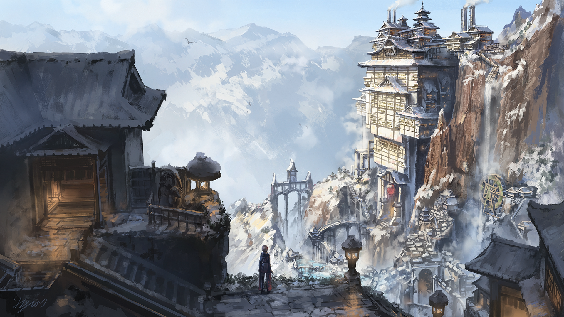 An HD anime desktop wallpaper featuring a scenic mountain setting with snow-covered buildings and houses, including an ornate structure on a rocky cliff.