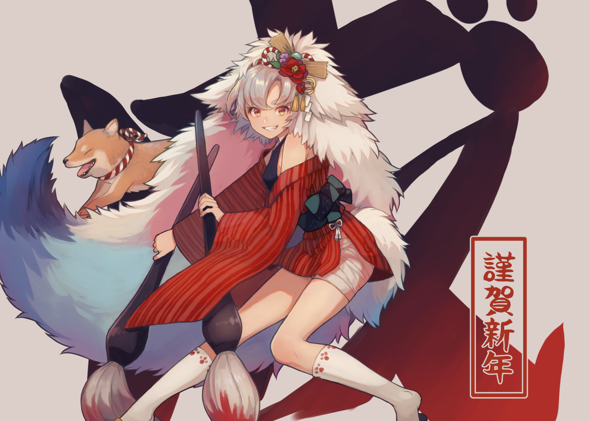 Anime-style HD PC desktop wallpaper featuring a white-haired character in traditional attire with a dog, blending original art and vibrant colors.