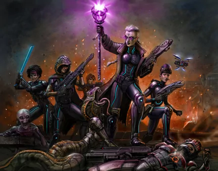 HD PC desktop wallpaper from XCOM 2 features a woman warrior and her team armed against a monstrous creature in a fiery, battle-ready scene.