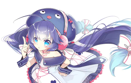 HD PC desktop wallpaper/background featuring anime Vocaloid Una Otomachi: energetic girl with blue-purple twin tails, pink headphones and frilly navy-white outfit on a white backdrop.