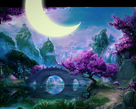 A fantasy HD desktop wallpaper depicting an Asian-inspired landscape with a crescent moon, river, bridge, waterfall, mountains, flowering trees, and vibrant colors.