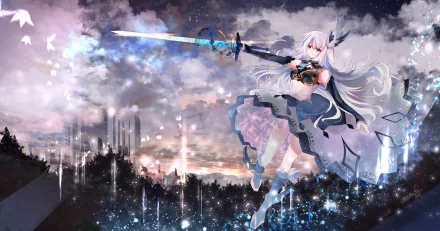 Anime-style original character with white hair and a flowing dress, wielding a glowing sword, set against a dramatic sky in this HD PC desktop wallpaper.