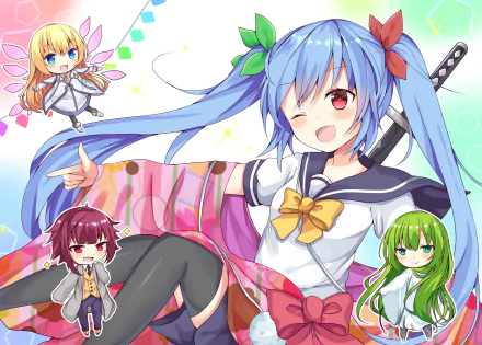 Anime-style HD desktop wallpaper featuring a blue-haired schoolgirl with twintails, thigh highs, and a ribbon, surrounded by fairy and original characters with vibrant hair and eye colors.