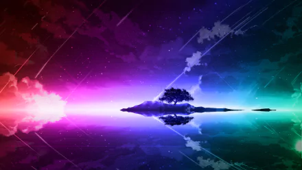 Vibrant anime-style HD desktop wallpaper featuring a silhouetted tree on an island with colorful star-filled sky and its reflection on calm water.