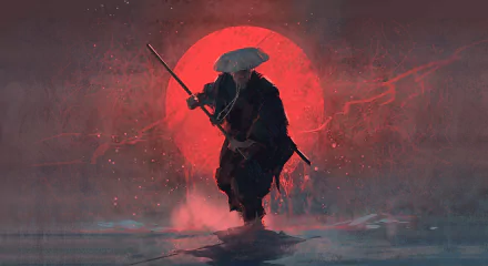 HD fantasy wallpaper featuring an oriental warrior or samurai standing in front of a large red moon, exuding a mystical and ethereal atmosphere.