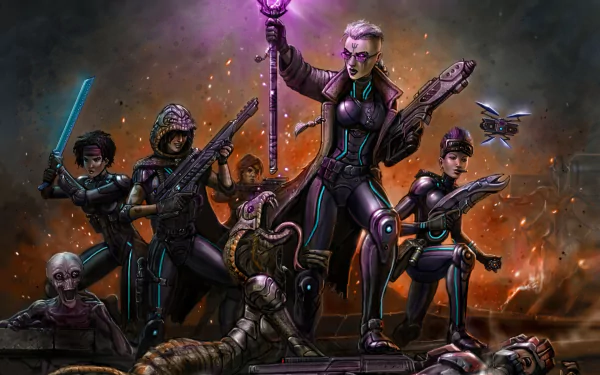 HD PC desktop wallpaper from XCOM 2 features a woman warrior and her team armed against a monstrous creature in a fiery, battle-ready scene.