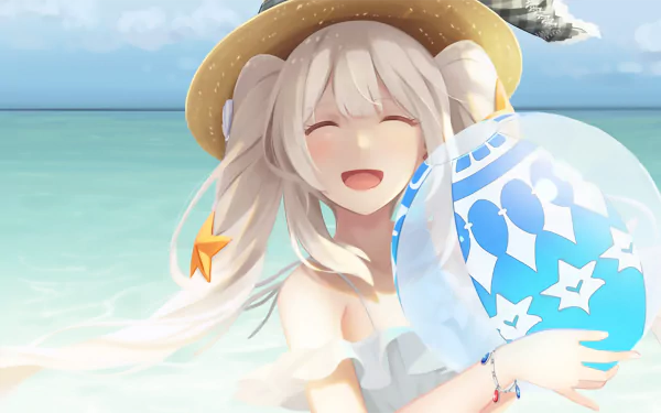 HD PC desktop wallpaper featuring Marie Antoinette from Fate/Grand Order anime, smiling joyfully on a sunny beach with a clear blue sky and ocean background.