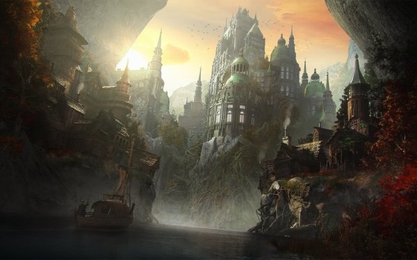 Fantasy City Building River Boat HD Wallpaper | Background Image