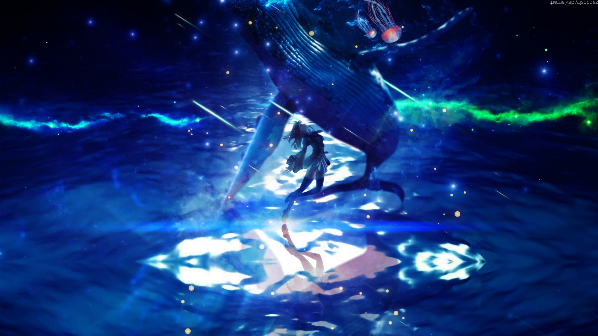 Download Light Star Whale Water Reflection Anime Original HD Wallpaper ...