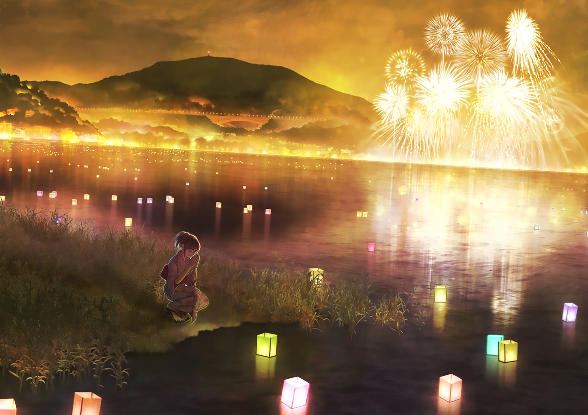 Anime-style HD desktop wallpaper depicting a night scene with glowing lanterns floating on water, vibrant fireworks illuminating the sky, and a lone figure by the riverbank.