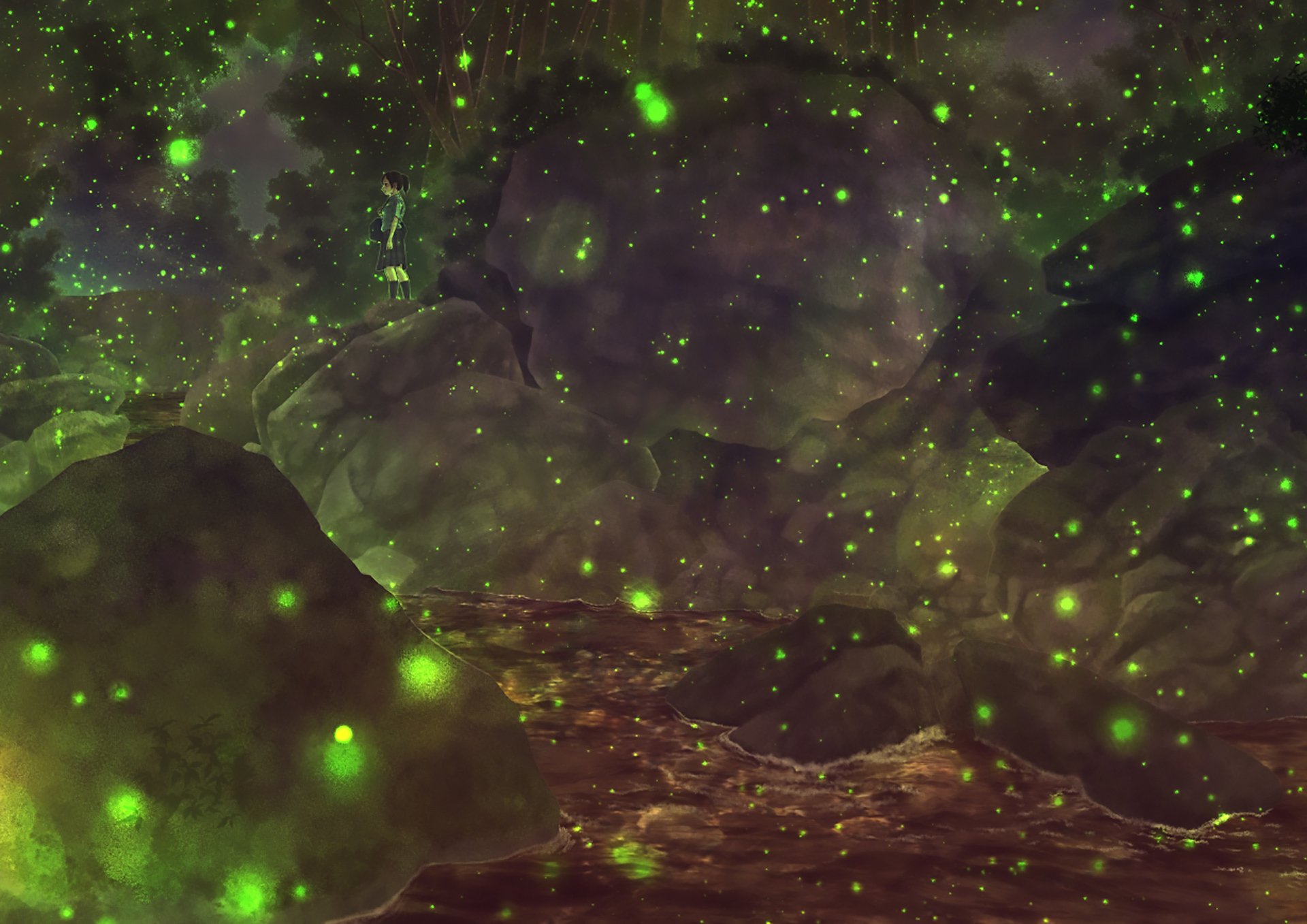 HD anime desktop wallpaper depicting a serene night scene with glowing green fireflies illuminating a rocky landscape in a mystical green hue.