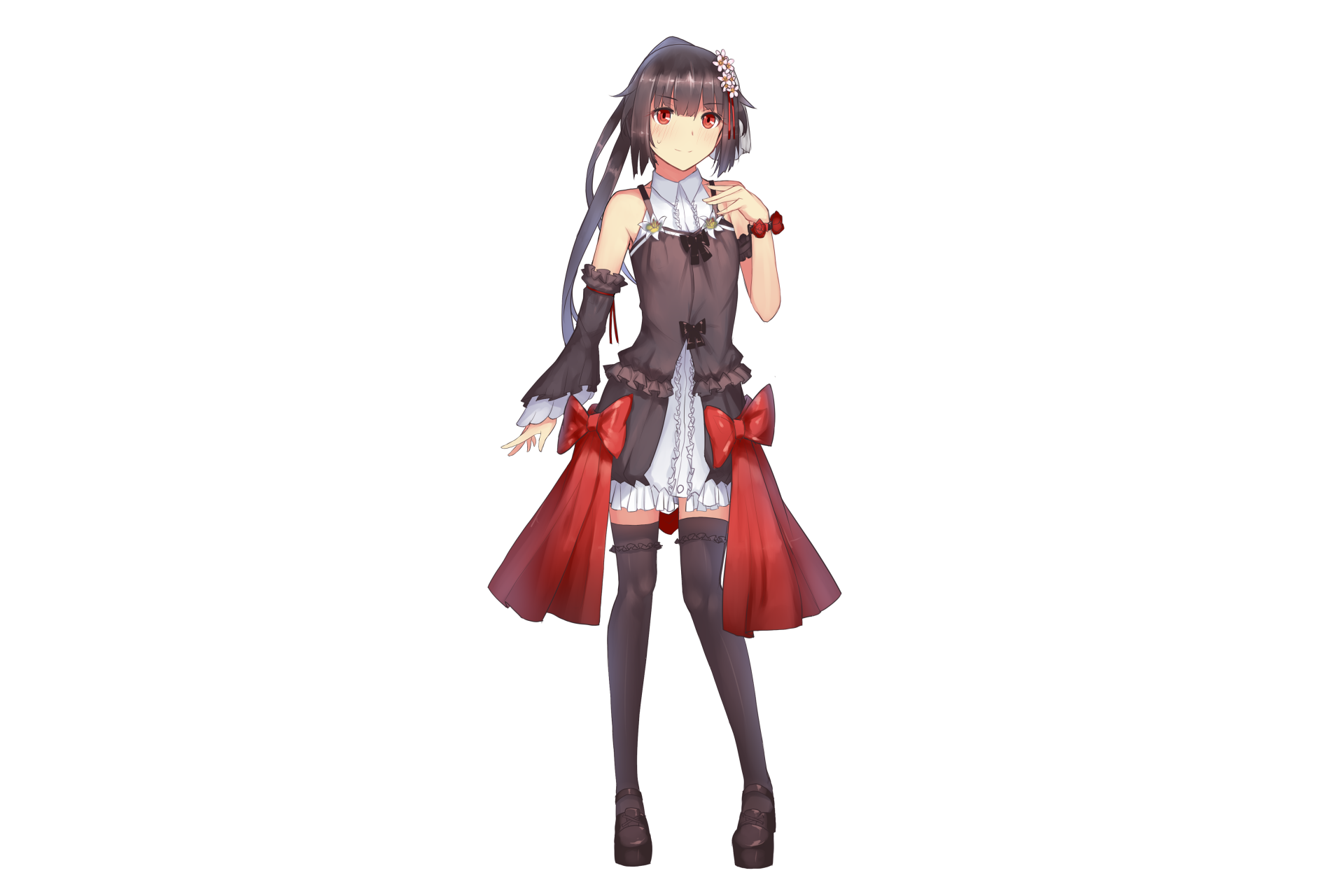 Anime-style original character with long black hair, red eyes, wearing thigh highs and a black and red outfit, depicted in 4K Ultra HD for PC desktop wallpaper.