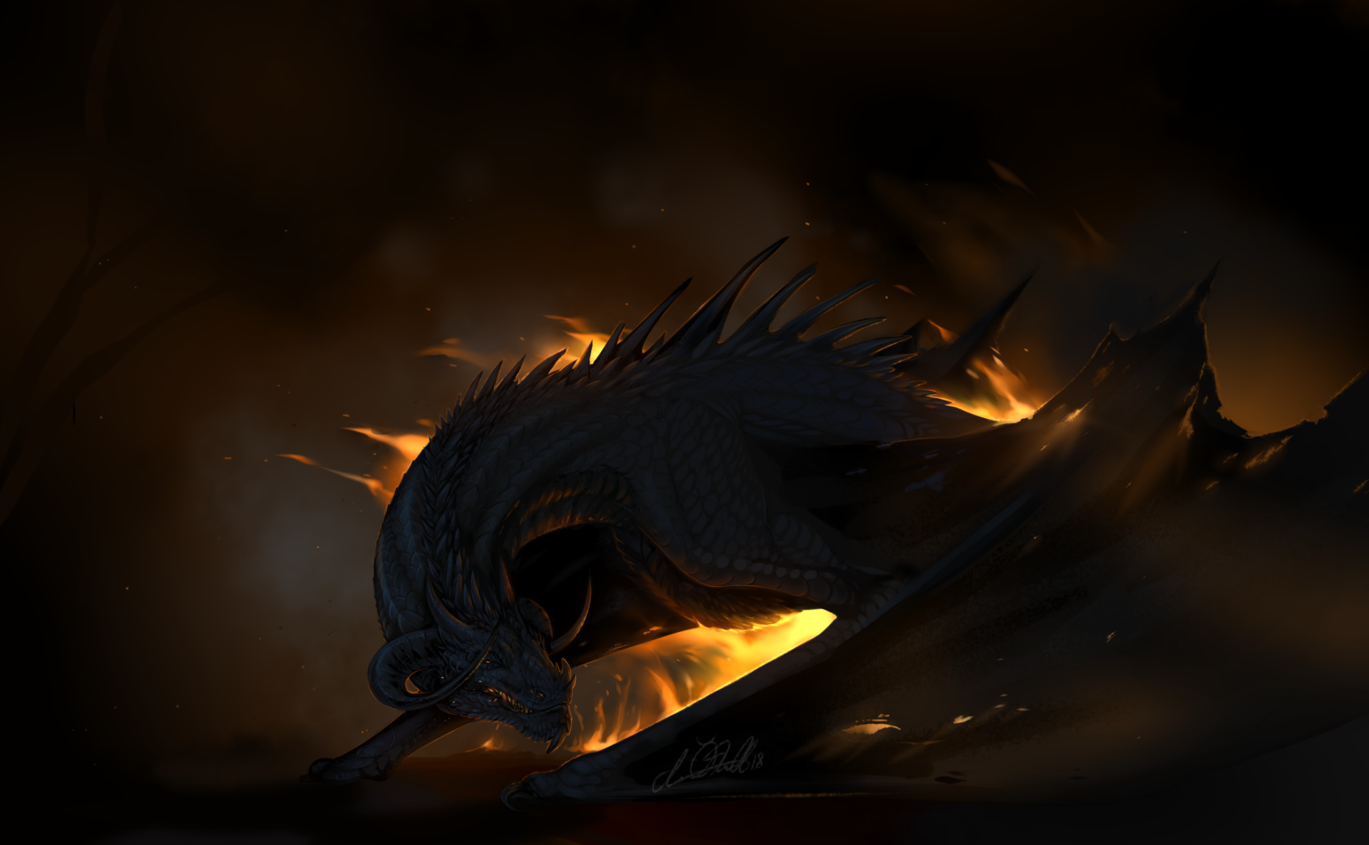 HD desktop wallpaper and background featuring a detailed fantasy dragon surrounded by flames and darkness.