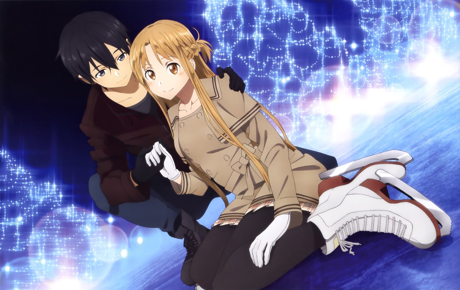 HD anime wallpaper featuring Kazuto Kirigaya (Kirito) and Asuna Yuuki from Sword Art Online Movie: Ordinal Scale in a dynamic, glowing blue digital backdrop.