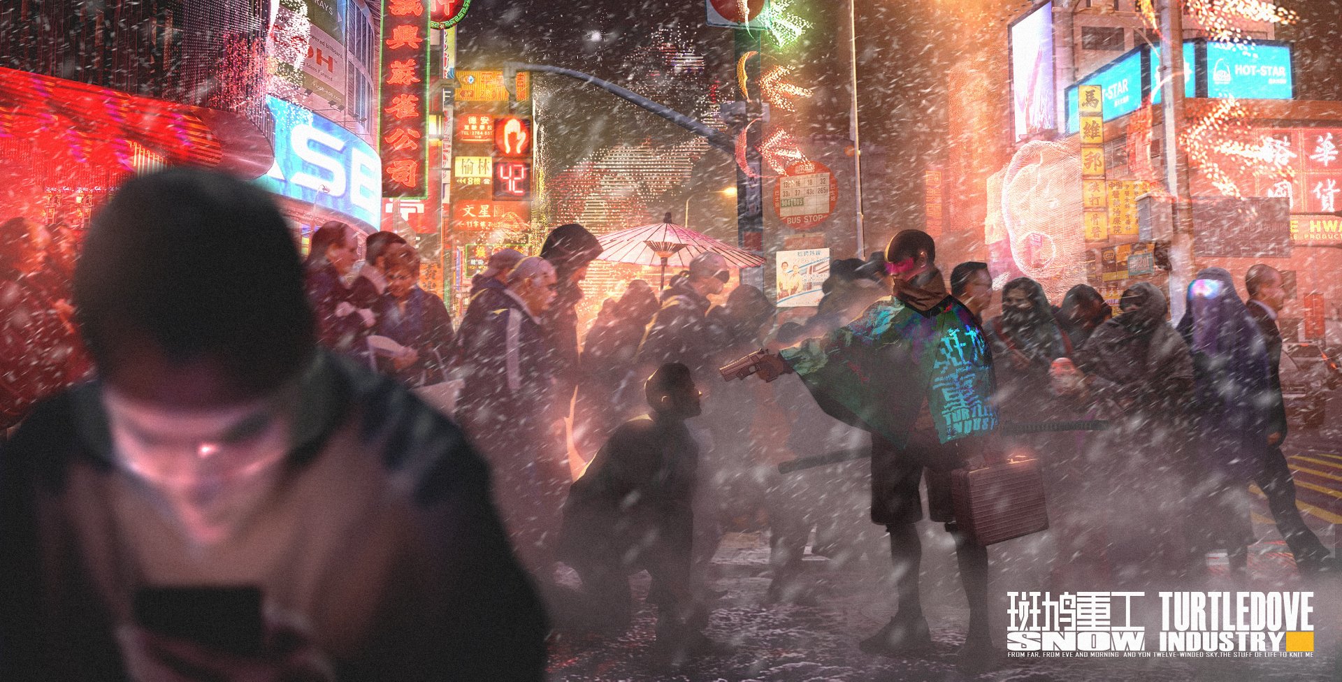Snow falls over a bustling sci-fi city street filled with people and glowing futuristic buildings in this HD desktop wallpaper and background.