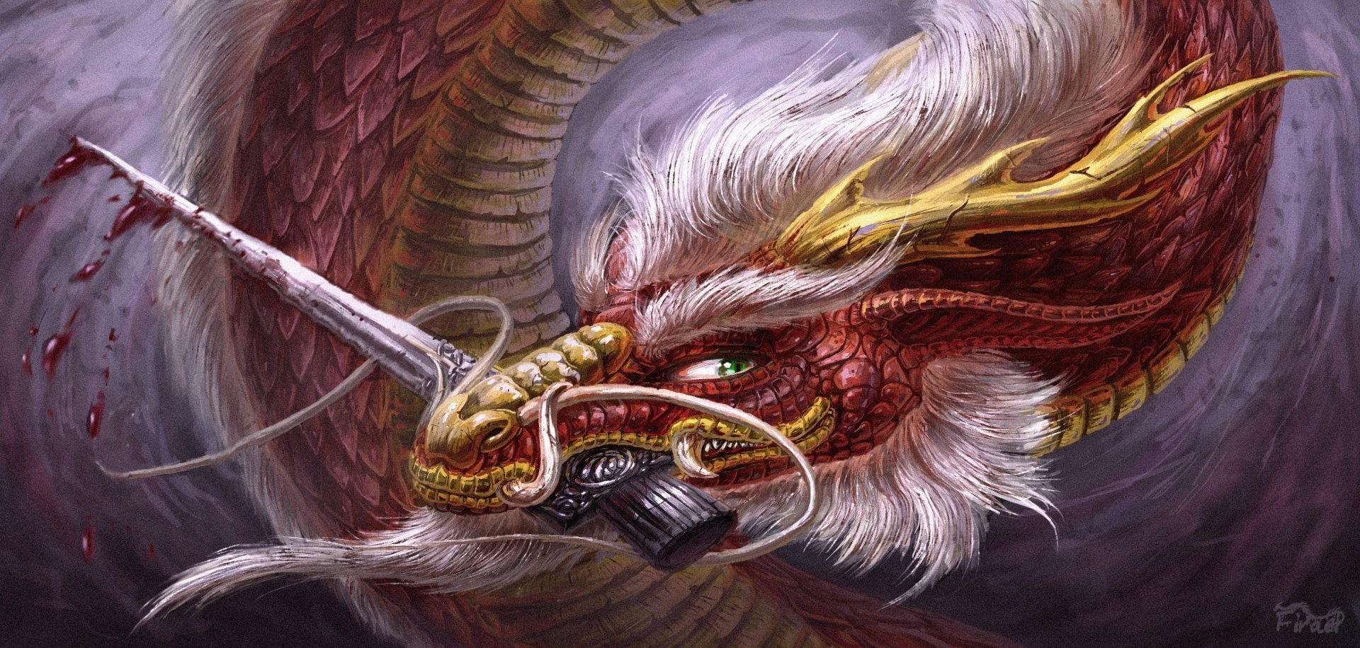 A fierce Chinese dragon gripping a sword in its mouth, depicted in detailed fantasy art for an HD PC desktop wallpaper.