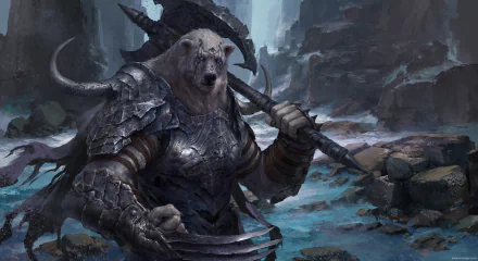 A fierce fantasy warrior polar bear clad in dark armor wields a massive axe amidst a rugged, icy landscape in this HD PC desktop wallpaper.