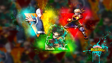 HD PC desktop wallpaper of My Hero Academia showing Shoto Todoroki (left), Izuku Midoriya (center) and Katsuki Bakugou (right) surrounded by vivid colored energy splashes.