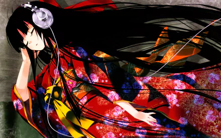 Anime-style HD PC desktop wallpaper featuring a girl with long black hair wearing headphones and a vibrant red kimono, surrounded by abstract colorful patterns.