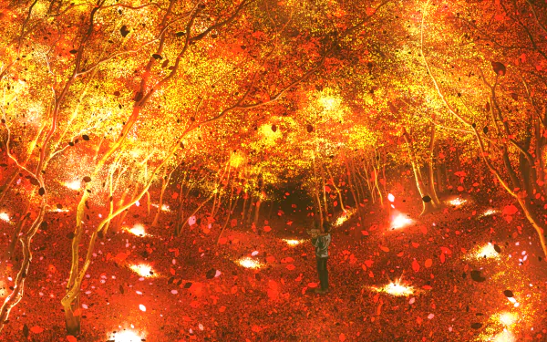 HD desktop wallpaper featuring an anime-style forest in autumn with vivid red and orange leaves, glowing leaf particles, and a solitary figure under the trees.