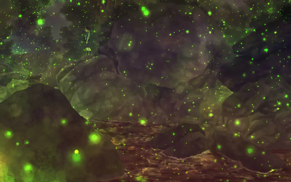 HD anime desktop wallpaper depicting a serene night scene with glowing green fireflies illuminating a rocky landscape in a mystical green hue.