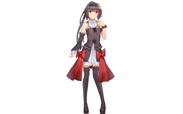 Anime-style original character with long black hair, red eyes, wearing thigh highs and a black and red outfit, depicted in 4K Ultra HD for PC desktop wallpaper.