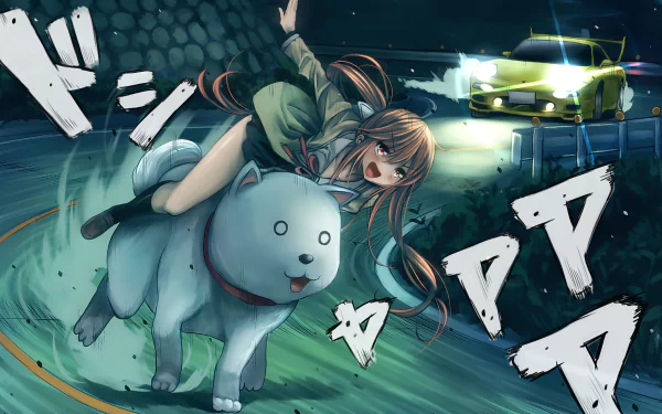 A vibrant anime wallpaper featuring Yoshiko Hanabatake from Aho Girl, joyfully riding a large white dog on a dynamic night scene with a car in the background.