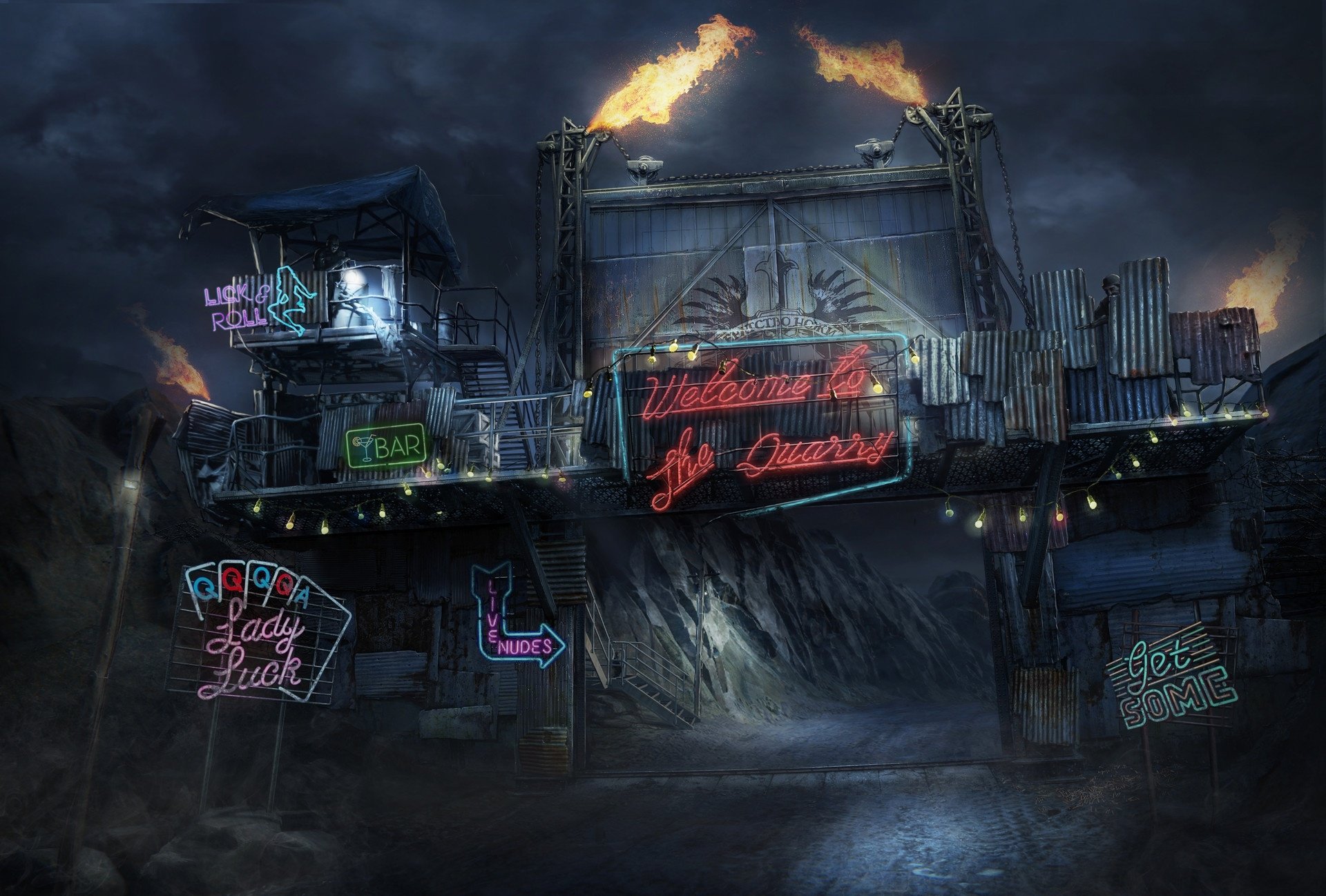 Post-apocalyptic HD desktop wallpaper from the video game Sniper: Ghost Warrior 3, featuring a dark, ruined settlement with glowing neon signs and a fiery sky.