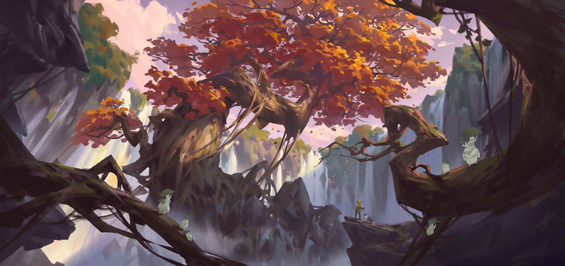 A vibrant fantasy landscape featuring towering, twisted trees with fiery autumn leaves set against misty cliffs, designed as an HD PC desktop wallpaper background.