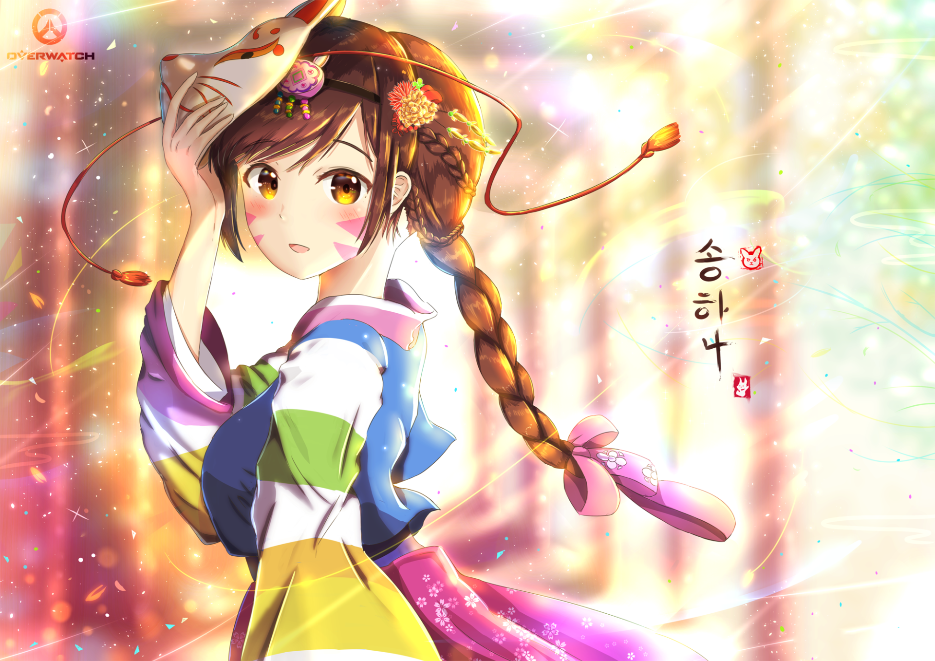 A vibrant HD wallpaper featuring D.Va from the video game Overwatch, dressed in a traditional outfit with a beautifully braided hairstyle against a colorful, glowing background.