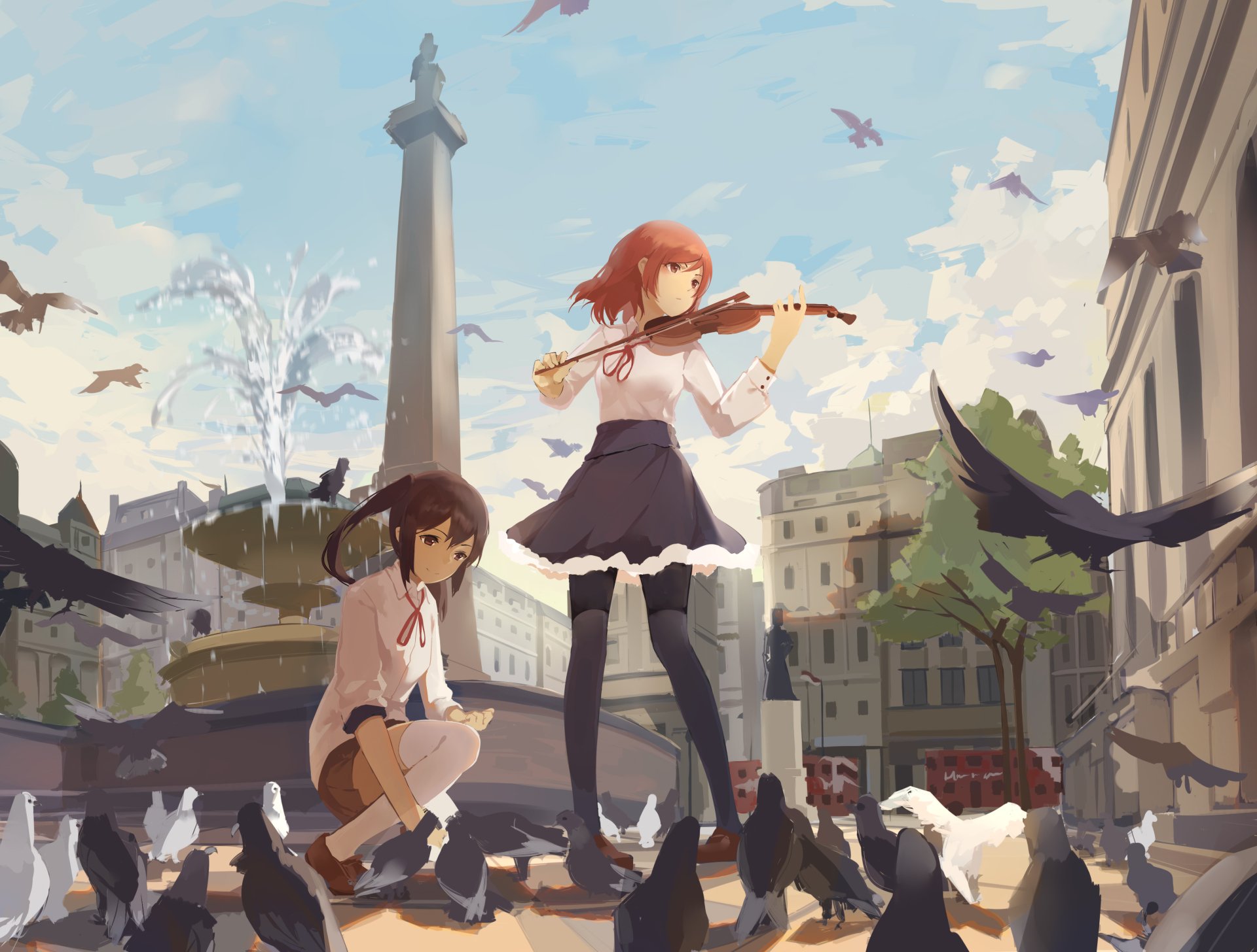 Anime wallpaper featuring Nico Yazawa sitting and Maki Nishikino playing violin by a fountain, surrounded by pigeons. Tags: HD, desktop background, Love Live!.