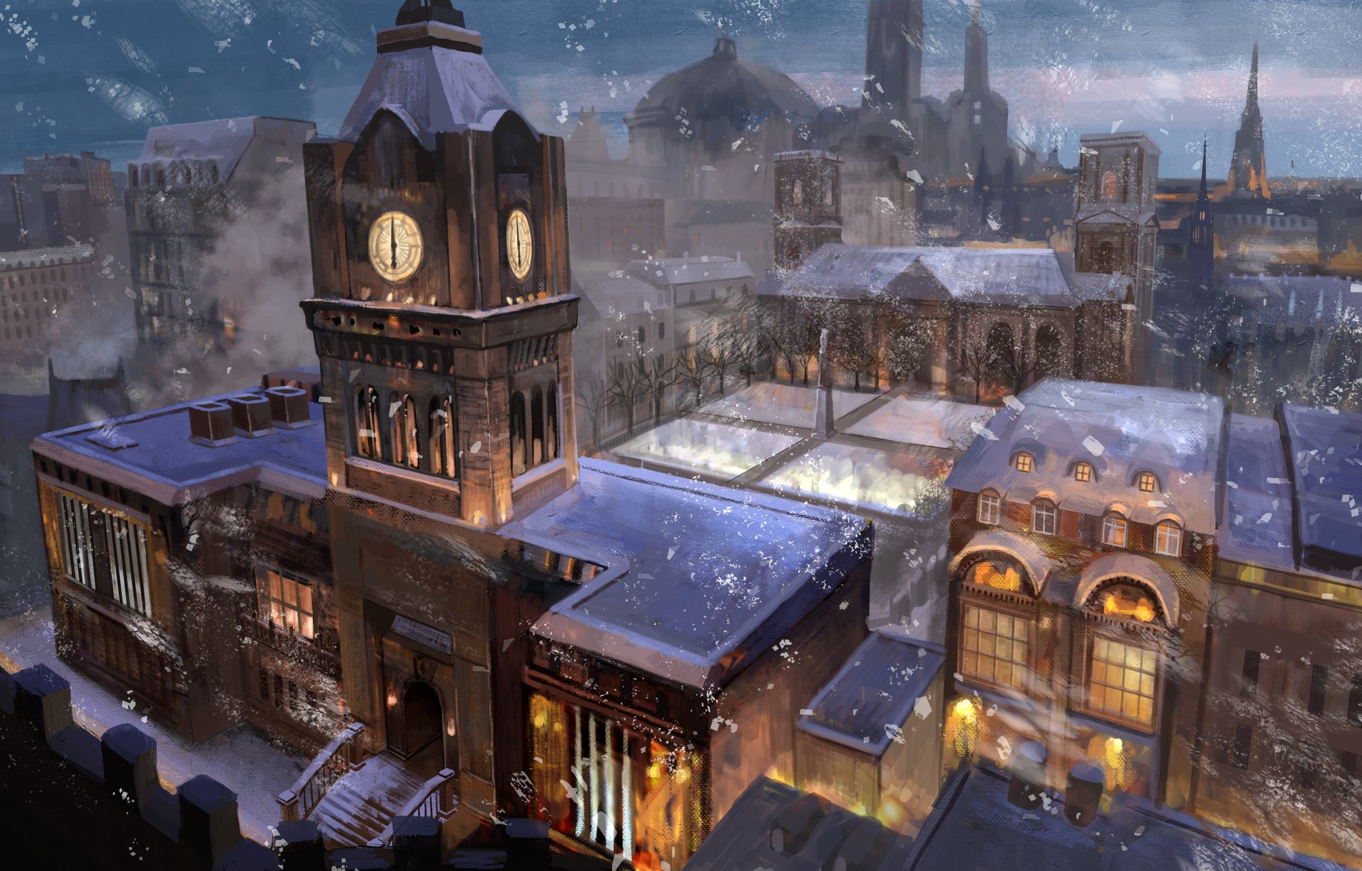 Anime-style original 2K Quad HD PC desktop wallpaper: a snowy town at dusk with a glowing clock tower, snow-dusted rooftops and falling flakes over warm, lit windows.