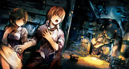 HD Anime Overlord desktop wallpaper featuring two characters in a distressed scene and a dark creature emerging from shadows with ominous lighting.