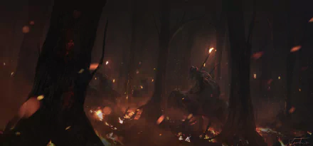 HD desktop wallpaper featuring an intense anime scene set in a dark, eerie jungle, with shadowy figures holding torches, adding dramatic lighting to the mysterious forest background.