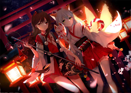 HD PC desktop wallpaper featuring anime-style Vocaloid characters Luo Tianyi and Yuezheng Ling in traditional attire with glowing lanterns and warm lighting.